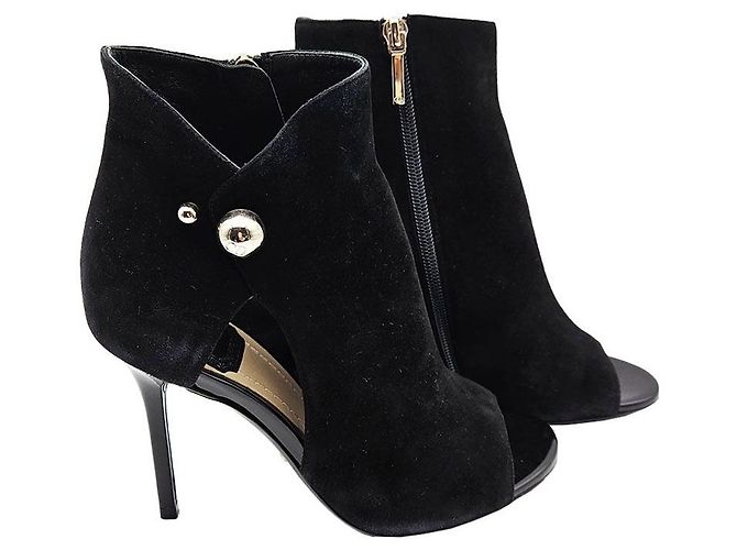 Dior Christian Black Suede Open Toe Side Zip Ankle Boots Heel - view 5