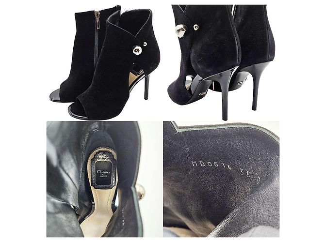 Dior Christian Black Suede Open Toe Side Zip Ankle Boots Heel - view 8