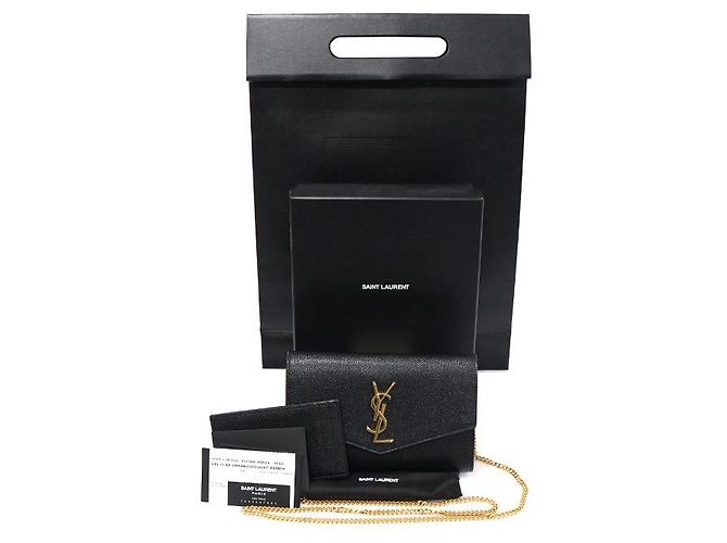 Saint Laurent Portafoglio a tracolla WOC Uptown in pelle granulata nera con stampa a rilievo e catena - vista 2