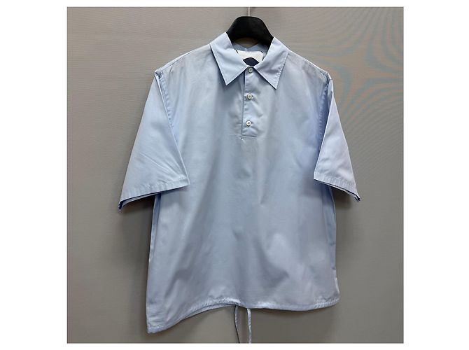 Prada Camicia a maniche corte in cotone con logo a triangolo Blu - vista 3