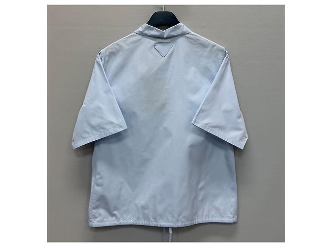 Prada Camicia a maniche corte in cotone con logo a triangolo Blu - vista 5