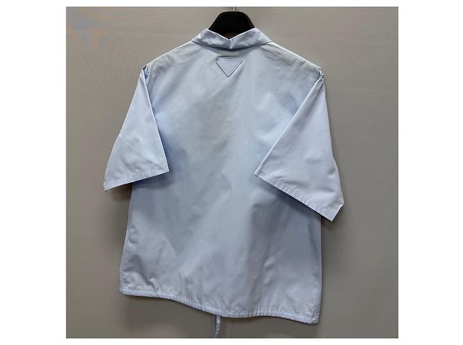 Prada Camicia a maniche corte in cotone con logo a triangolo Blu - vista 6