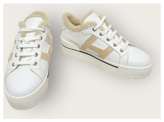 Hermès Sneakers Abain-Taj in shearling con logo bianco - vista 4