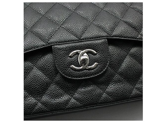 Chanel Borsa a Spalla Classic Jumbo Large Silver-Tone Black Caviar Nero - vista 11
