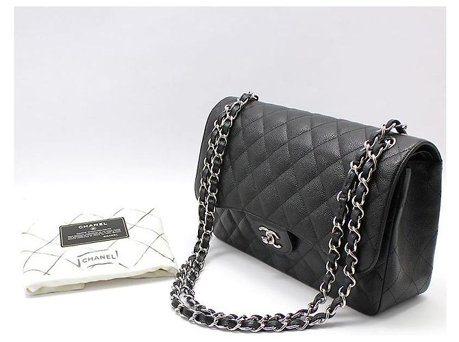 Chanel Borsa a Spalla Classic Jumbo Large Silver-Tone Black Caviar Nero - vista 2