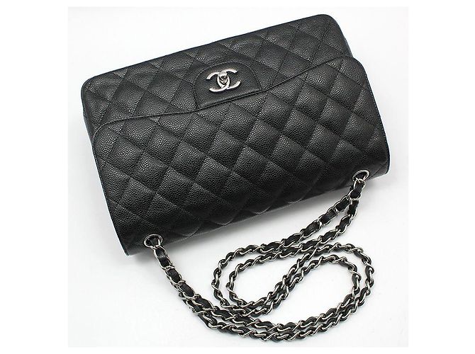 Chanel Borsa a Spalla Classic Jumbo Large Silver-Tone Black Caviar Nero - vista 3