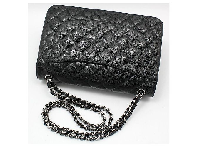 Chanel Borsa a Spalla Classic Jumbo Large Silver-Tone Black Caviar Nero - vista 4