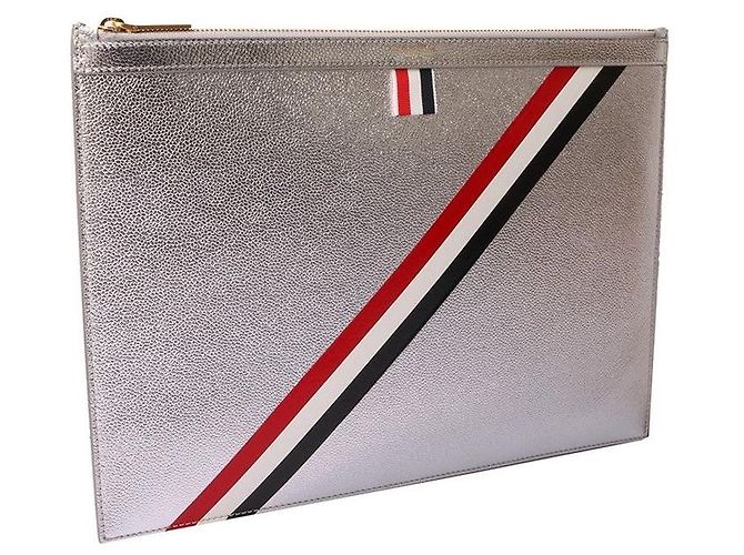 Thom Browne Clutch a tre strisce argento metallizzato Medium - vista 2