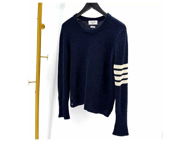 Thom Browne Strickpullover aus Wolle mit Rundhalsausschnitt und diagonalen Streifen in Navy Blau - Ansicht 2