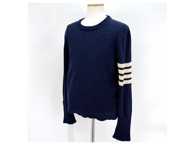 Thom Browne Strickpullover aus Wolle mit Rundhalsausschnitt und diagonalen Streifen in Navy Blau - Ansicht 4