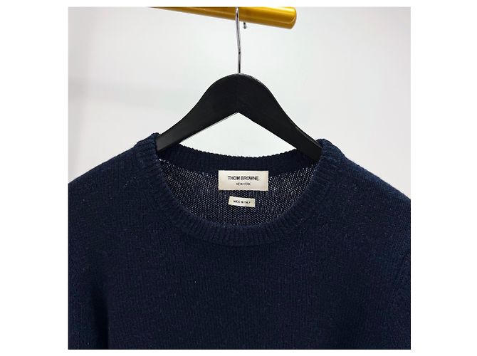 Thom Browne Strickpullover aus Wolle mit Rundhalsausschnitt und diagonalen Streifen in Navy Blau - Ansicht 5