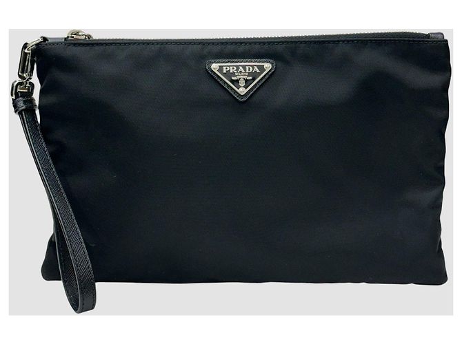 Prada Pochette in pelle Saffiano Re-Nylon Nero - vista 2