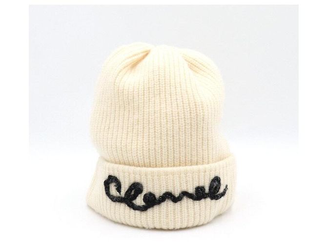 Chanel Ivory Cashmere Black Pearl Logo Damen Beanie Mütze Weiß - Ansicht 2