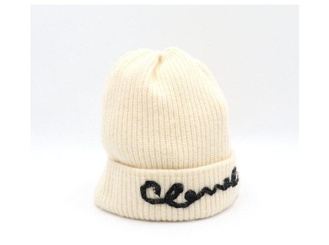 Chanel Ivory Cashmere Black Pearl Logo Damen Beanie Mütze Weiß - Ansicht 4