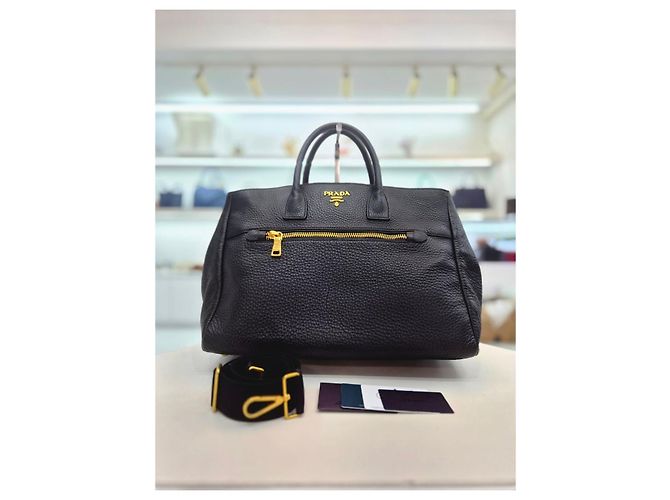 Prada Borsa Tote e Borsa a Spalla in Pelle Vitello Daino Nero - vista 2