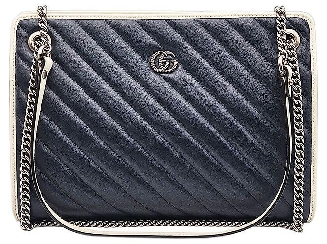 Gucci Borsa a tracolla GG Marmont in matelassé chevron blu con catena dorata - vista 2