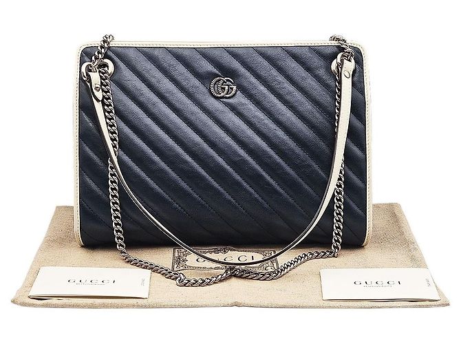 Gucci Borsa a tracolla GG Marmont in matelassé chevron blu con catena dorata - vista 3