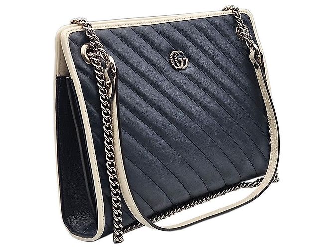 Gucci Borsa a tracolla GG Marmont in matelassé chevron blu con catena dorata - vista 4