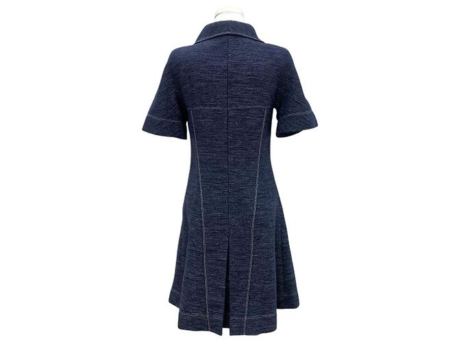 Chanel Tweed-Midikleid mit CC-Knöpfen und kurzen Ärmeln Blau - Ansicht 2