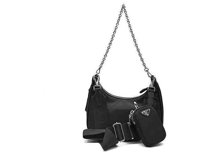 Prada Borsa Hobo in Tessuto Re-Nylon con tracolla a catena Nero - vista 3