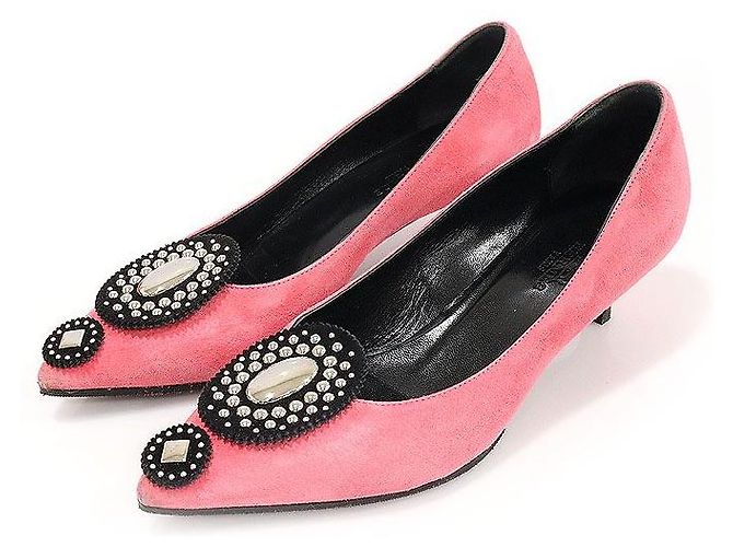 Hermès Décolleté in scamosciato rosa decorate con pois metallici da donna - vista 3