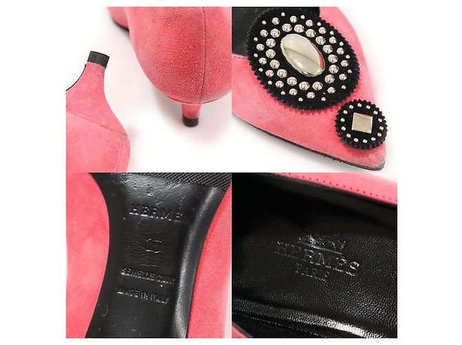 Hermès Décolleté in scamosciato rosa decorate con pois metallici da donna - vista 7