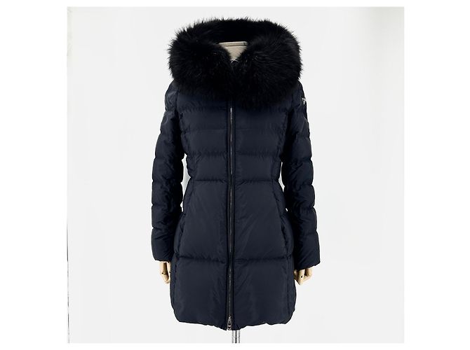 Prada Re-Nylon Triangle Logo Fox Fur Women's Long Puffer Jacket Black - view 2