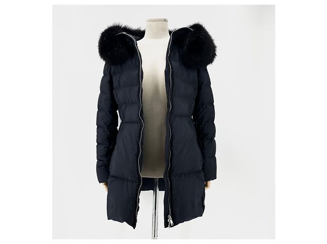 Prada Re-Nylon Triangle Logo Fox Fur Women's Long Puffer Jacket Black - view 3