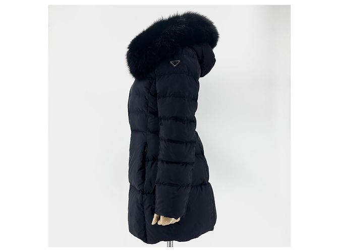 Prada Re-Nylon Triangle Logo Fox Fur Women's Long Puffer Jacket Black - view 4