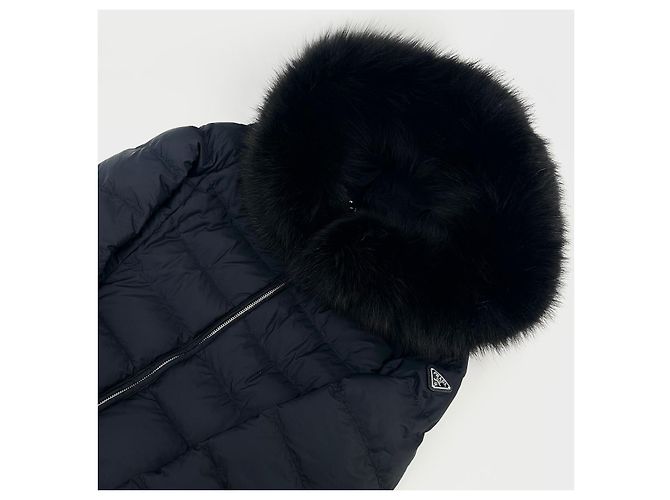 Prada Re-Nylon Triangle Logo Fox Fur Women's Long Puffer Jacket Black - view 7