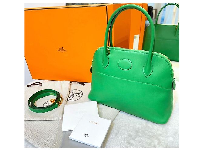 Hermès Borsa Tote Bolide Swift Bamboo con Hardware Dorato e Incisione Verde - vista 8