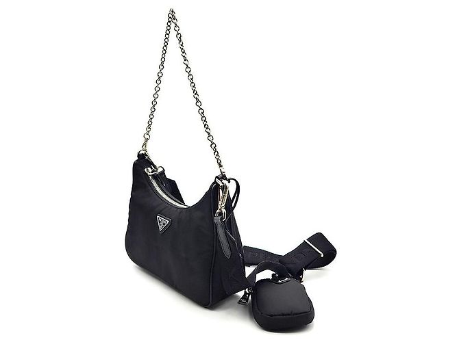Prada Borsa Hobo in tessuto Re-Nylon con tracolla a catena Nero - vista 2