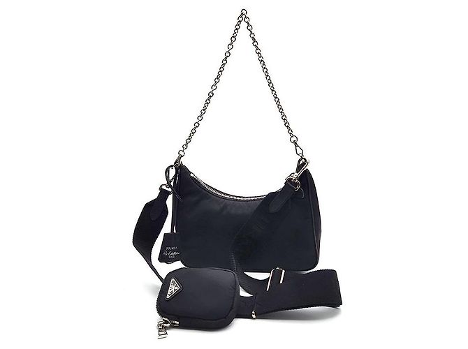 Prada Borsa Hobo in tessuto Re-Nylon con tracolla a catena Nero - vista 3