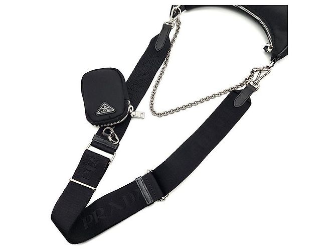 Prada Borsa Hobo in tessuto Re-Nylon con tracolla a catena Nero - vista 5