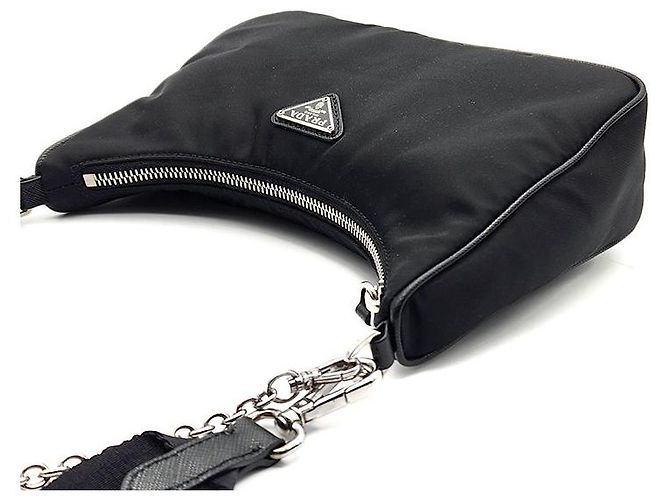 Prada Borsa Hobo in tessuto Re-Nylon con tracolla a catena Nero - vista 6