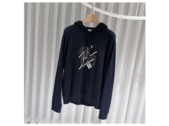 Hermès Felpa con cappuccio in cotone blu navy con patch rotondo - vista 2