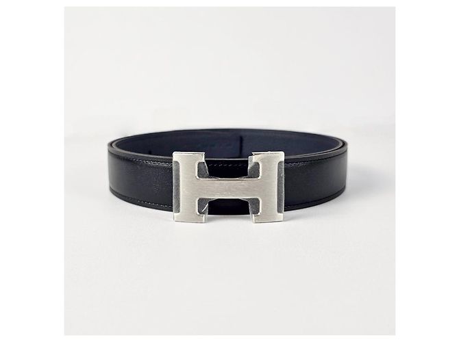 Hermès Reversible Leather Belt with Buckle Black Navy Silver Matte Blue - view 5
