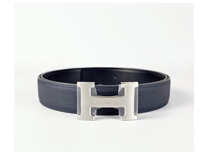 Hermès Reversible Leather Belt with Buckle Black Navy Silver Matte Blue - view 6