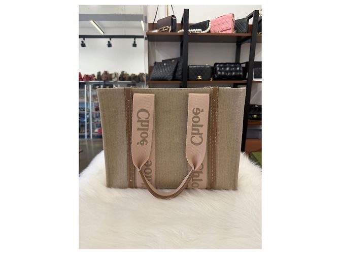 Chloé Borsa Tote Woody Medium Beige Marrone - vista 2