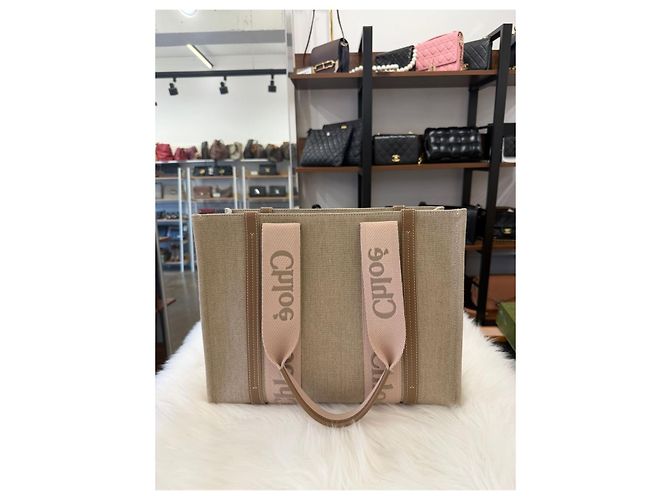 Chloé Borsa Tote Woody Medium Beige Marrone - vista 3