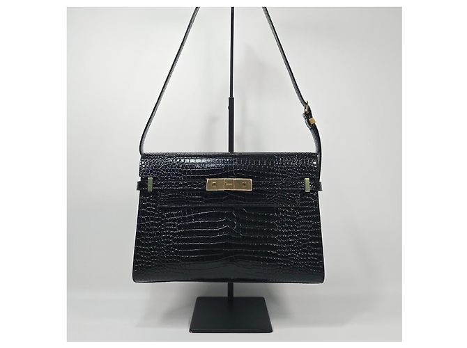 Saint Laurent Borsa a tracolla Manhattan in pelle lucida con stampa coccodrillo Argento - vista 3