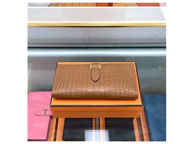 Hermès Portafoglio Beaune Croco Opaco Croco Oro Marrone - vista 3