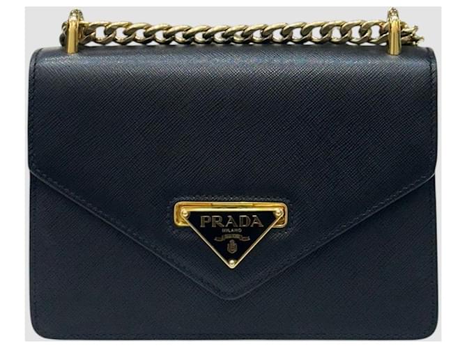 Prada Borsa a Spalla Saffiano Triangle Logo Chain Nero - vista 2