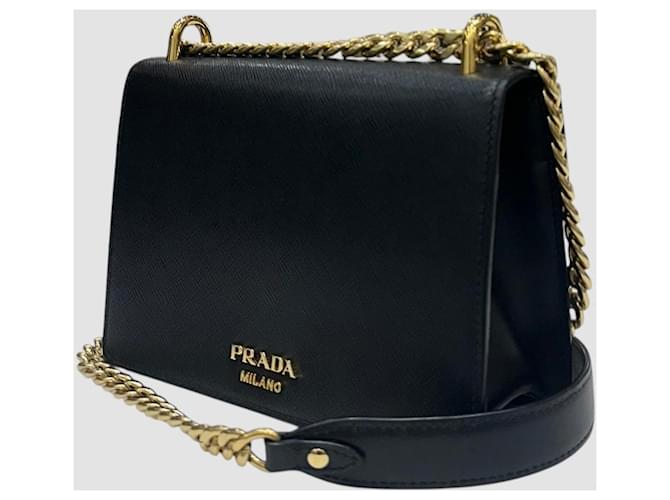 Prada Borsa a Spalla Saffiano Triangle Logo Chain Nero - vista 9