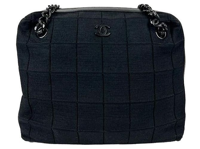 Chanel Grande borsa a tracolla in cotone nero con catena - vista 2