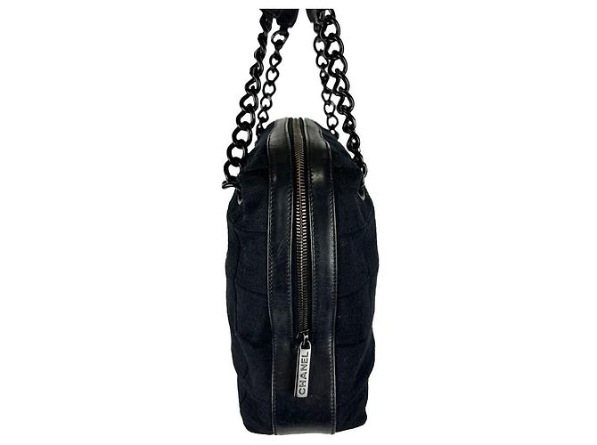 Chanel Grande borsa a tracolla in cotone nero con catena - vista 3