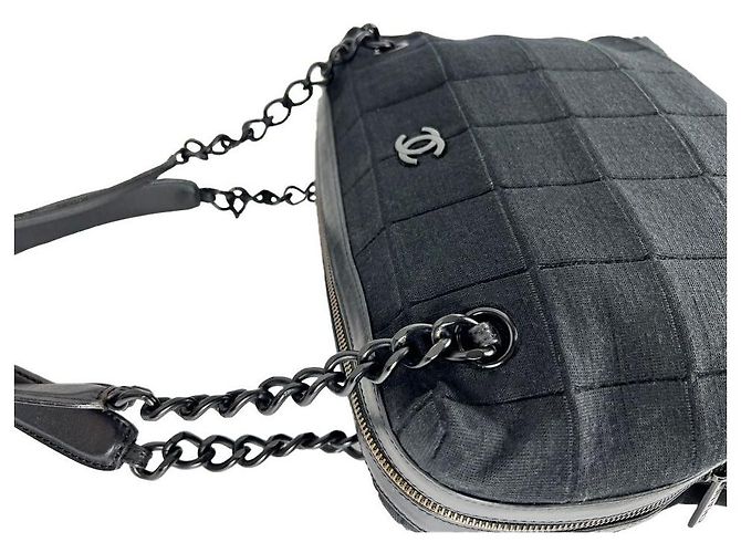 Chanel Grande borsa a tracolla in cotone nero con catena - vista 5