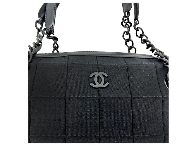 Chanel Grande borsa a tracolla in cotone nero con catena - vista 6