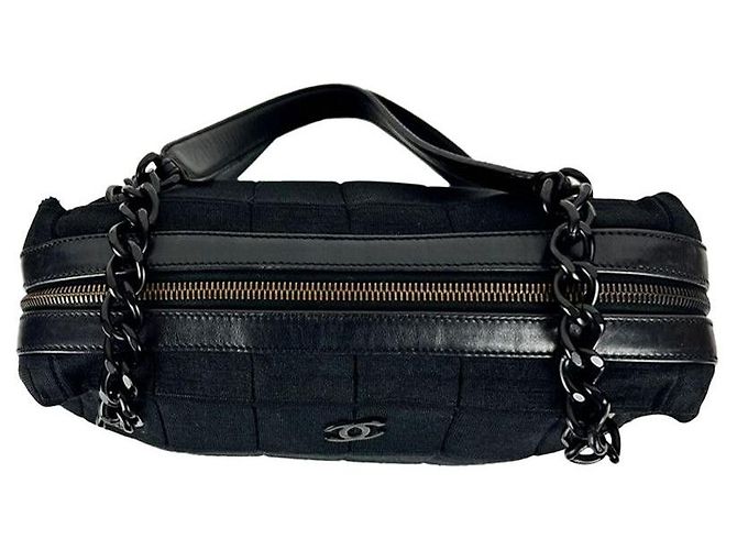 Chanel Grande borsa a tracolla in cotone nero con catena - vista 7
