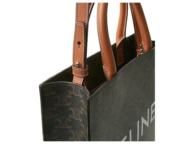 Céline Piccola Cabas Verticale in Tela Triomphe e Pelle di Vitello Nero - vista 5